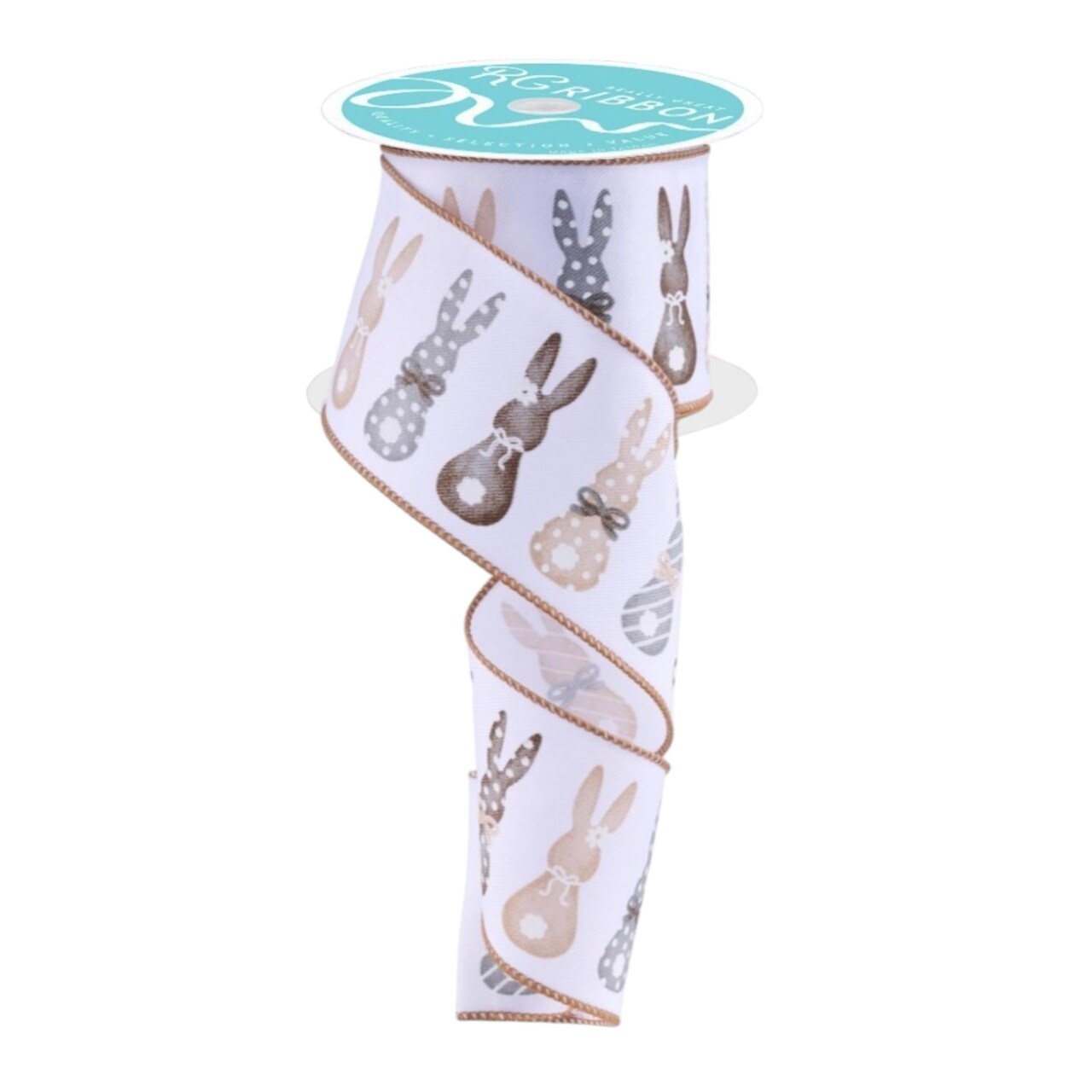 RG Ribbon: 2.5" Easter Bunny Silhouettes Wired Ribbon - White, Tan, Gray For Spring, Baby Shower Baskets, Bows, Wreaths,Crafts and Decorations